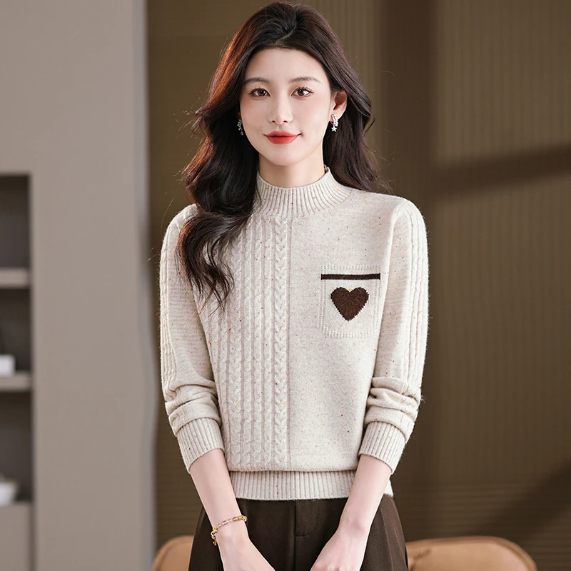 哥弟阿玛施正品秋冬不对称心形刺绣半高领针织衫设计感时尚打底衫