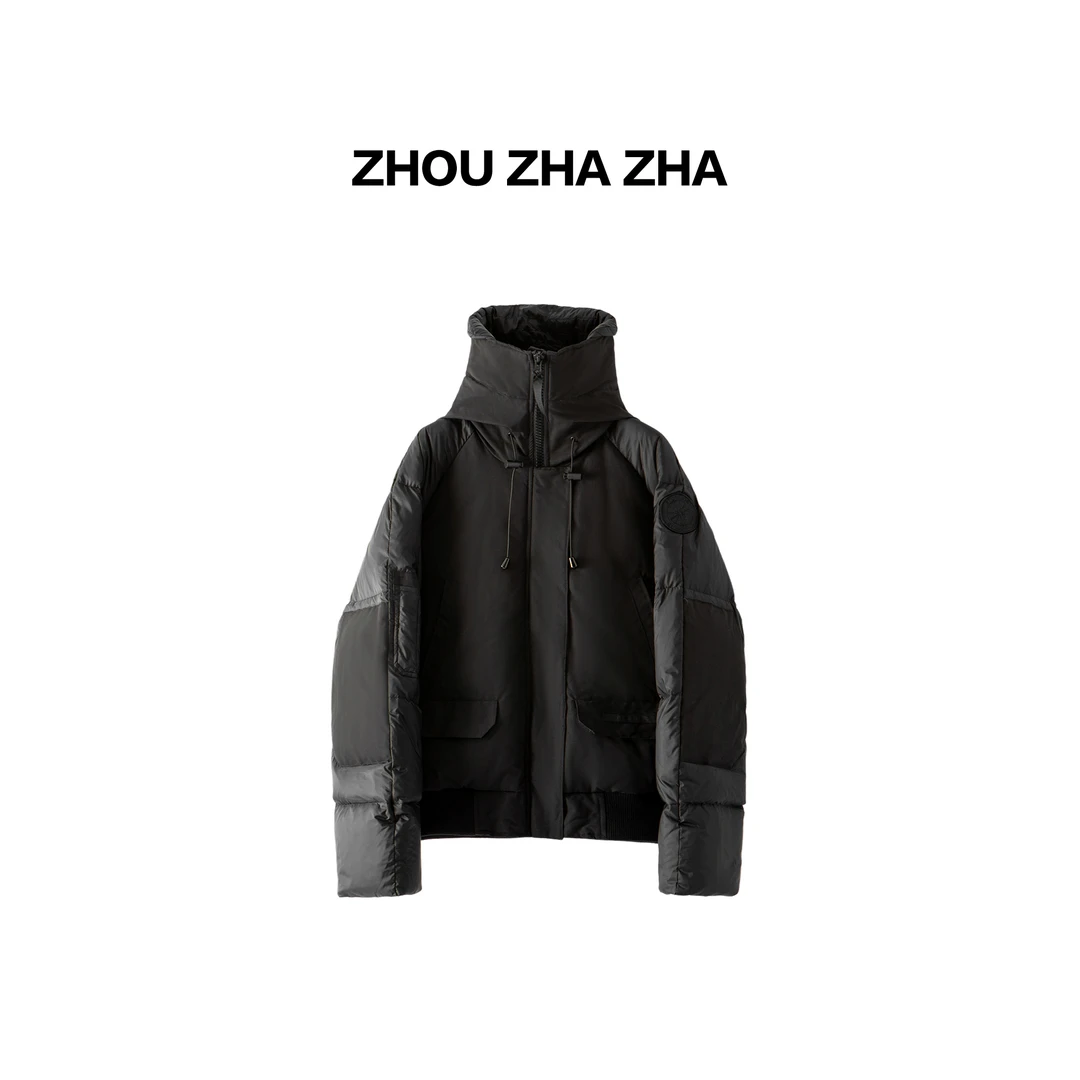 【周炸炸】工装立领拼接飞行员夹克防寒白鸭羽绒服#249245