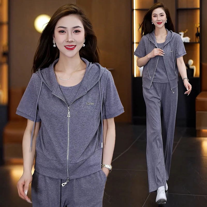 夏季运动套装女2025新款薄款时尚韩版洋气连帽短袖卫衣夏装三件套