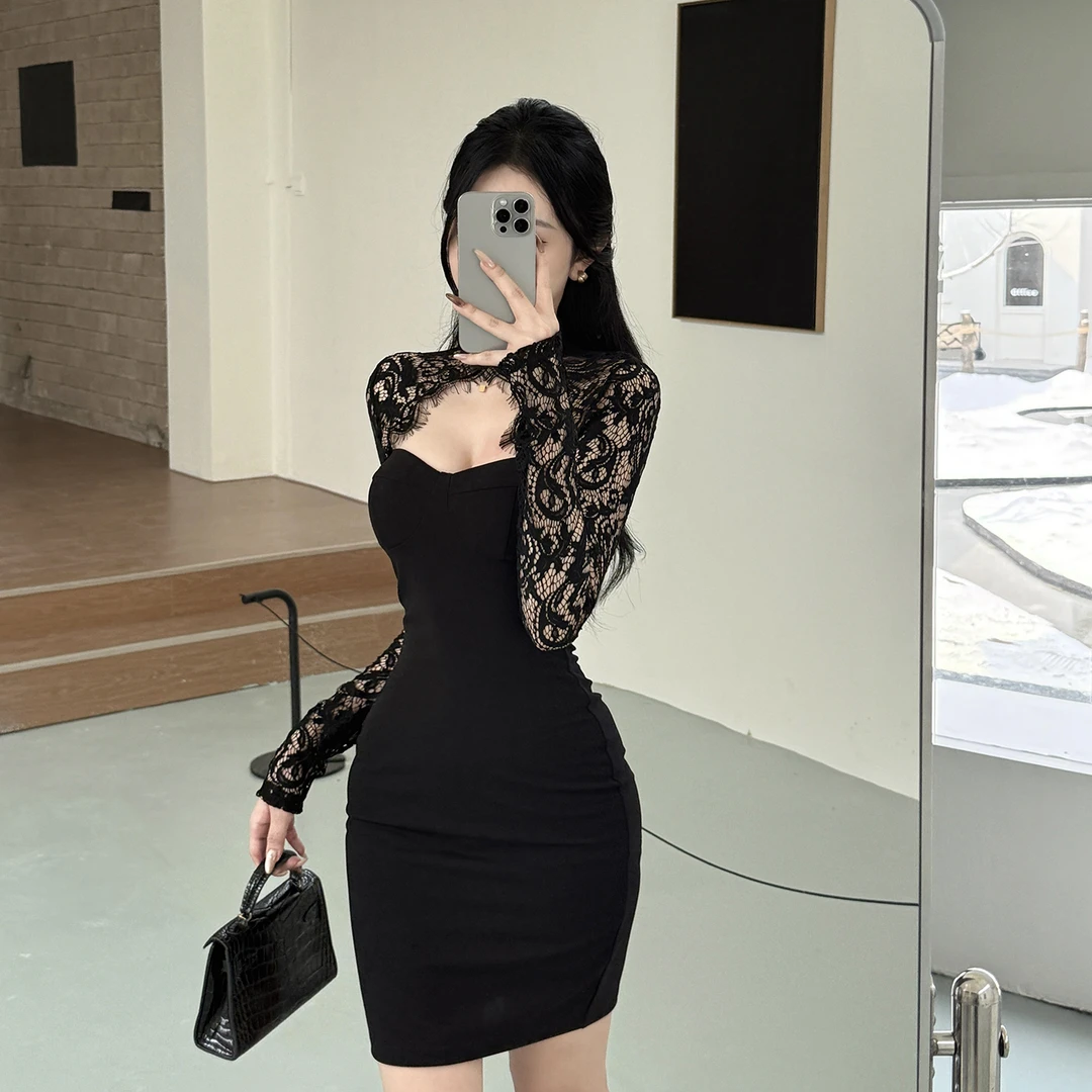 KaDaiShan 黑色性感辣妹蕾丝长袖连衣裙名媛轻熟御姐风包臀短裙