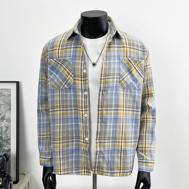 新款格纹美式复古衬衫男款外穿春秋格子衫内搭叠穿青少年情侣衬衣