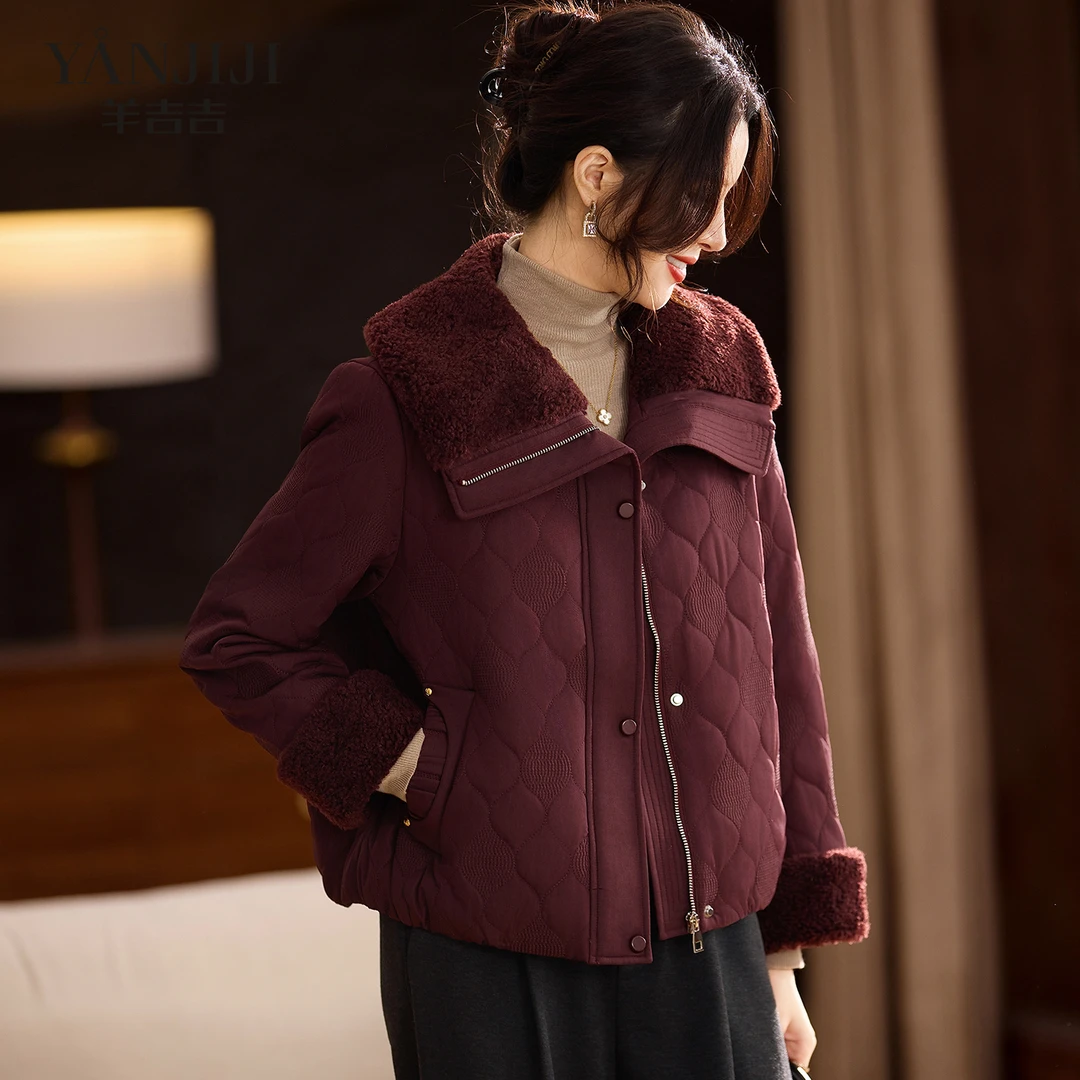 妈妈冬装外套洋气羽绒菱格纹棉服女2025新款中年女装翻领保暖棉衣