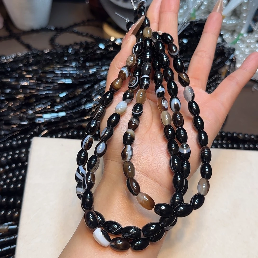 玛瑙/玉髓未镶嵌珠宝半成品天然黑玛瑙蚕丝板眼一条8✖️12mm