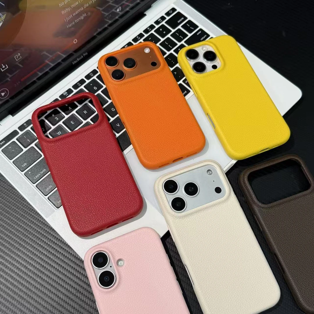 高颜值简约纯色皮纹适用苹果16/17手机壳15promax秋冬14/13软12套