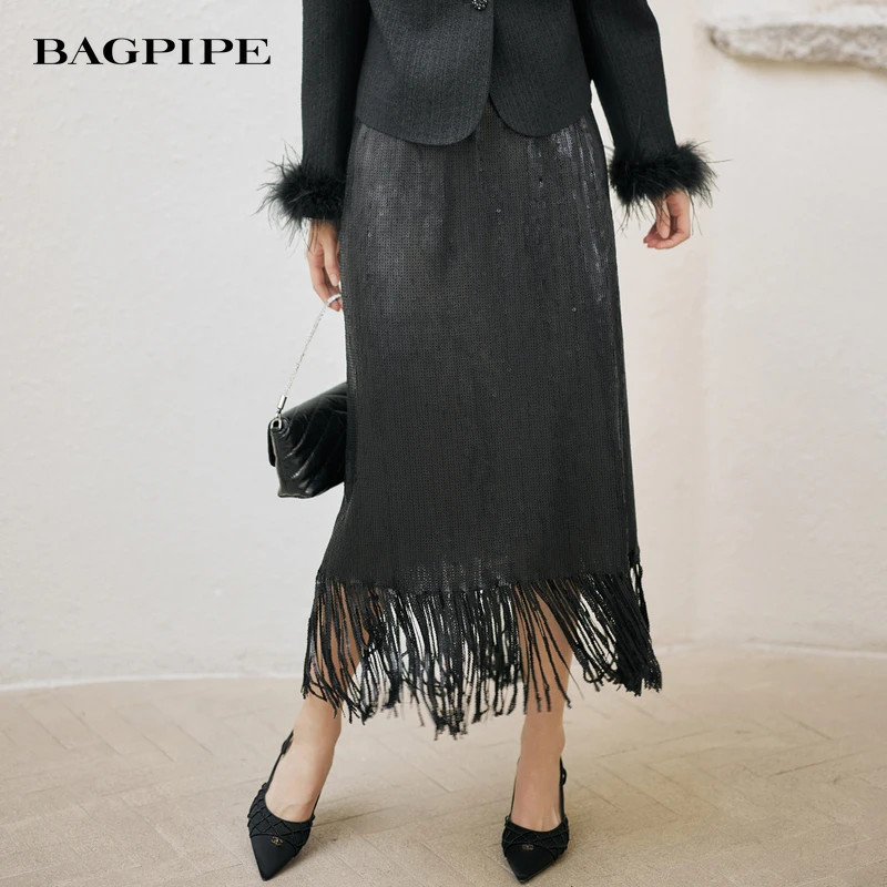 风笛2025秋季新款设计感复古亮片高腰半裙流苏修身显瘦百搭长裙子