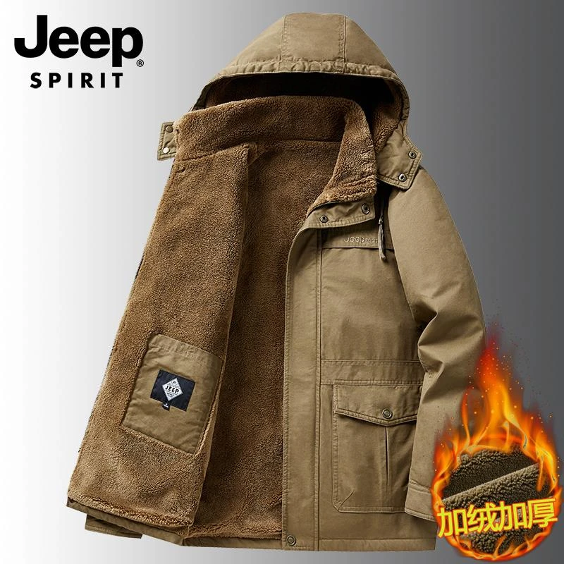 JEEP吉普中长款棉衣男士冬季纯棉工装连帽加厚保暖羊羔绒棉服外套