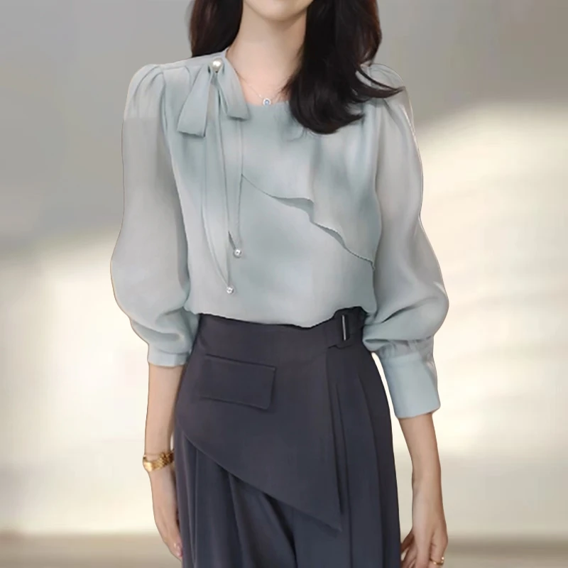 轻奢气质高级荷叶边拼接衬衫女春秋新款法式洋气遮肉显瘦百搭小衫