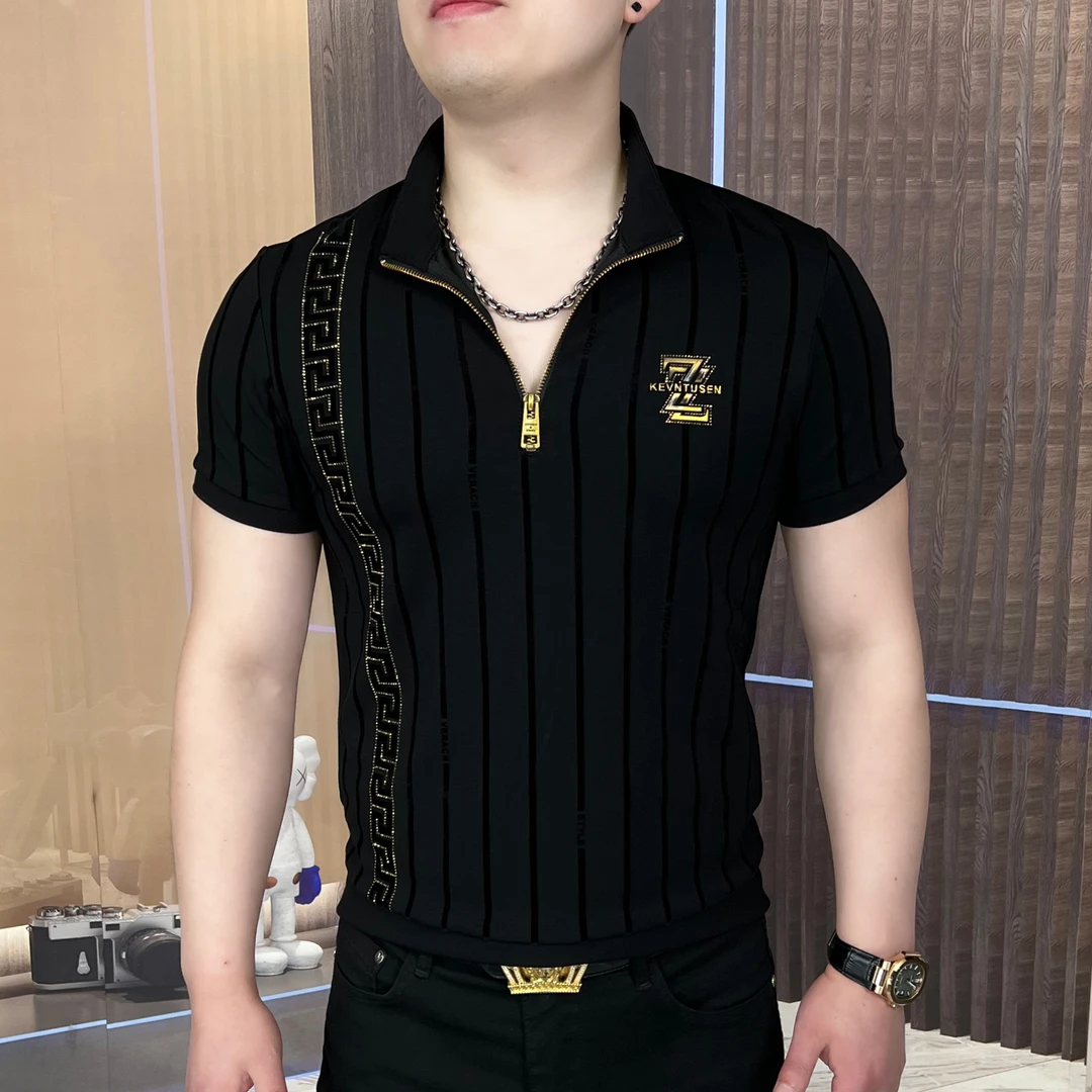 男士休闲夏季半拉立领竖纹卫衣AA短袖潮流时尚百搭CLY-175