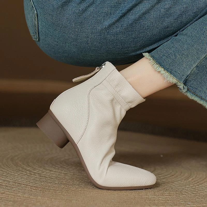 超软小羊皮短靴女秋冬季粗跟中跟软底尖头法式矮跟小踝靴真皮软皮