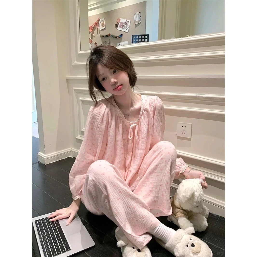 2025春秋新款法式田园碎花双层棉纱大码睡衣女家居服长袖长裤套装
