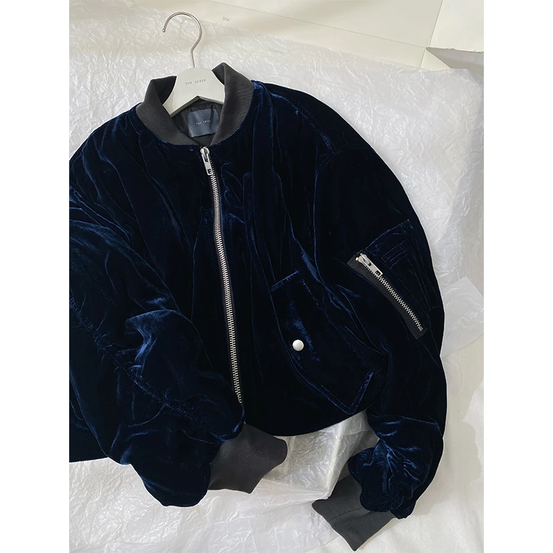 THE VEVER张大奕 重工仿真丝丝绒柔软亲肤时髦短款廓形棉服外套
