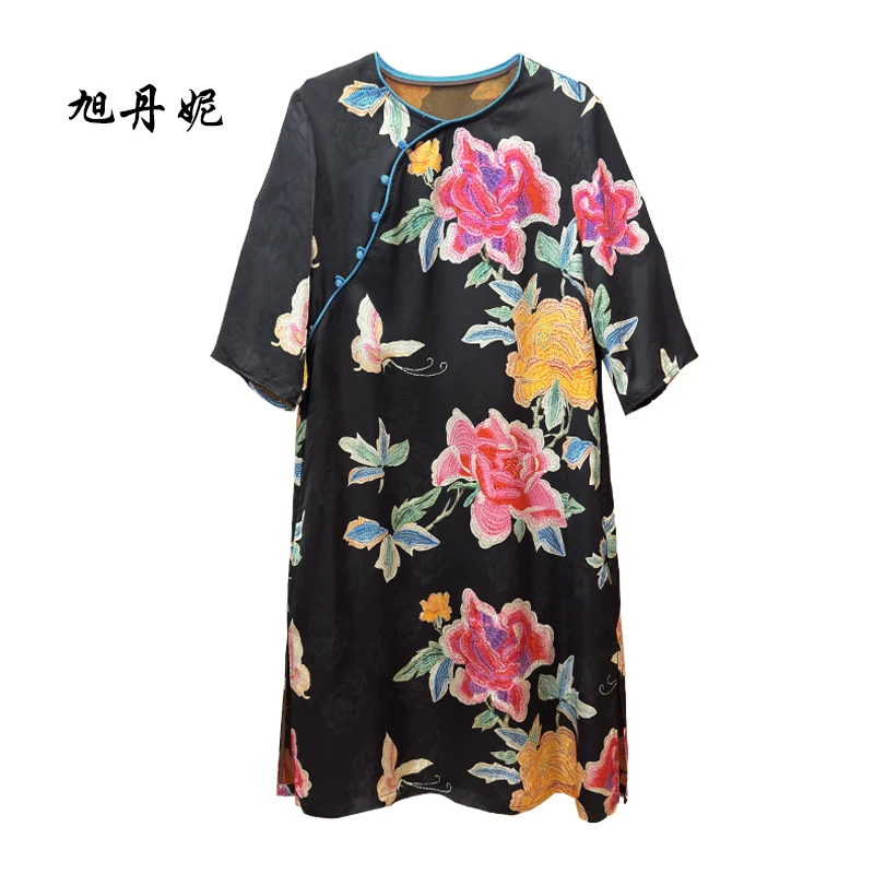 旭丹妮国风印花连衣裙2025夏季新复古中长款圆领中袖连衣裙82555