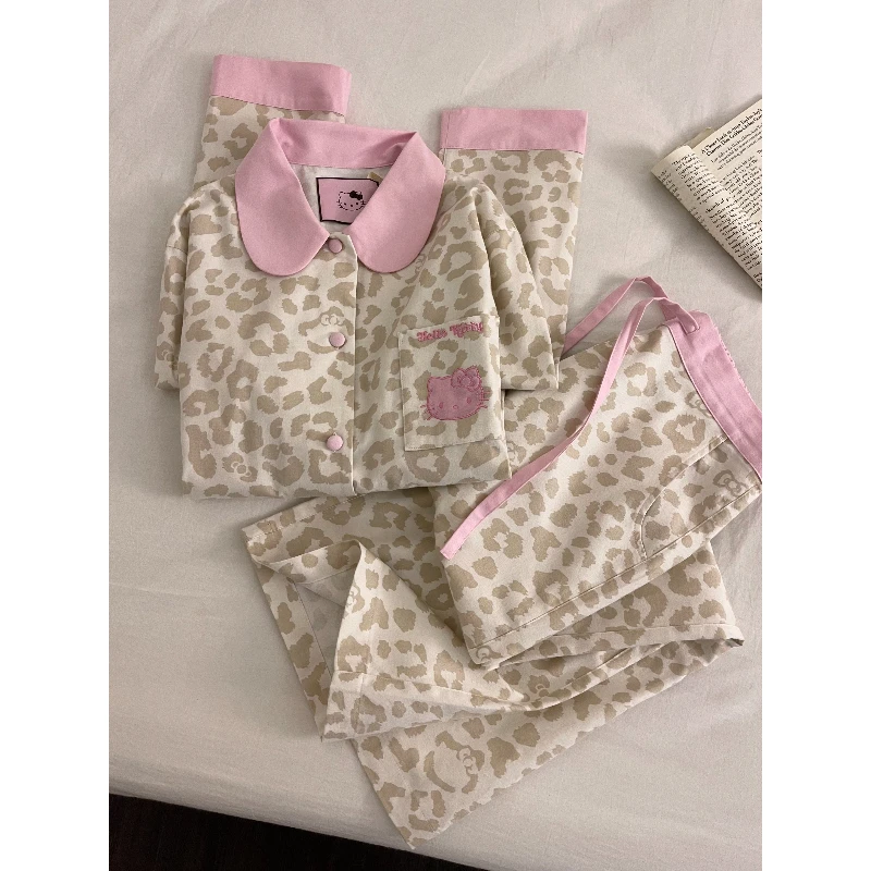 韩系甜美豹纹kitty睡衣女秋季新款休闲大码长袖家居服套装可外穿