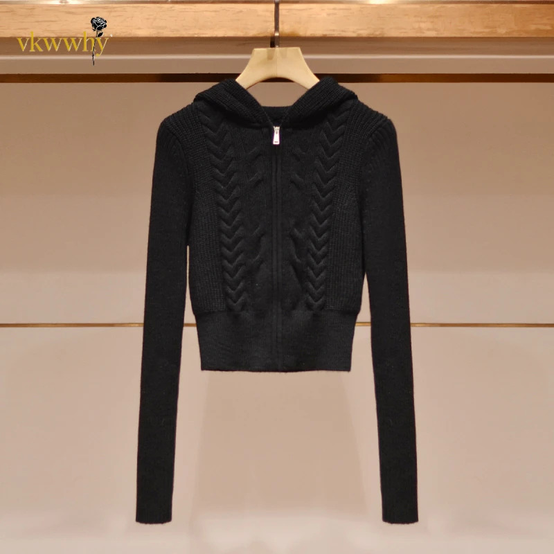 新款时尚连帽小个子毛衣女士麻花长袖收腰修身短款百搭开衫针织衫