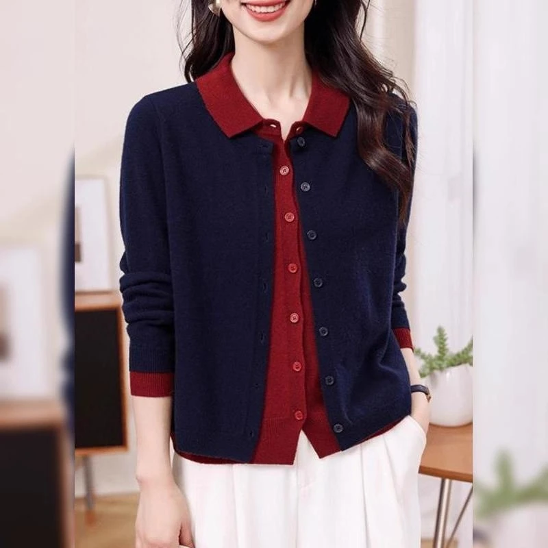 假两件针织衫上衣女2025秋冬新款翻领洋气毛衣时尚显瘦长袖开衫女