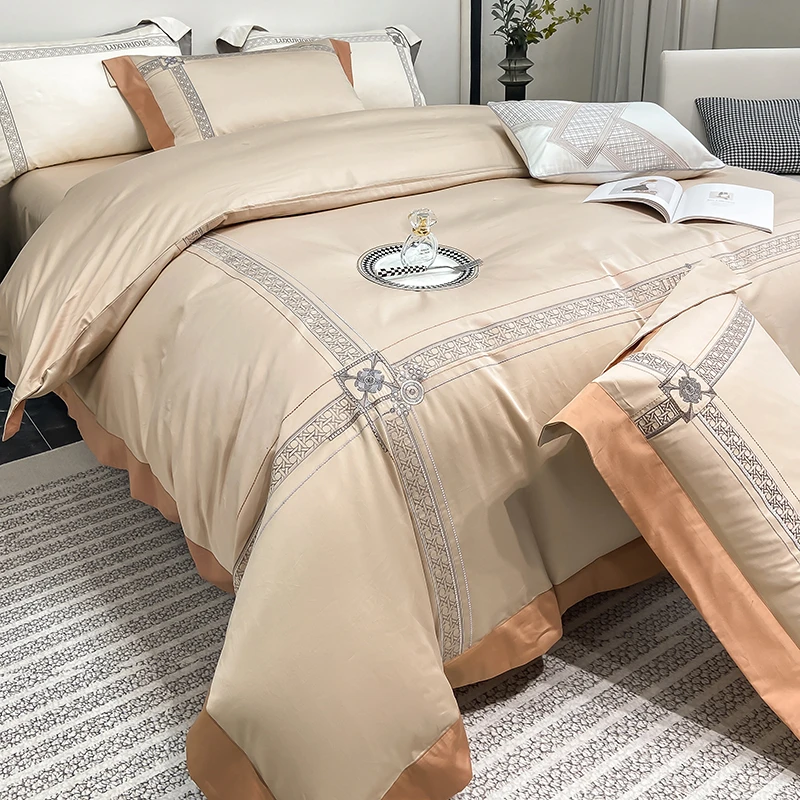 轻奢200支长绒棉刺绣四件套纯棉床笠全棉床单被套高级感床上用品4