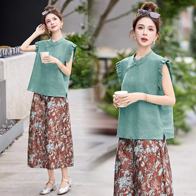 新中式国风盘扣印花套装女2025夏季新款复古立领休闲阔腿裤两件套