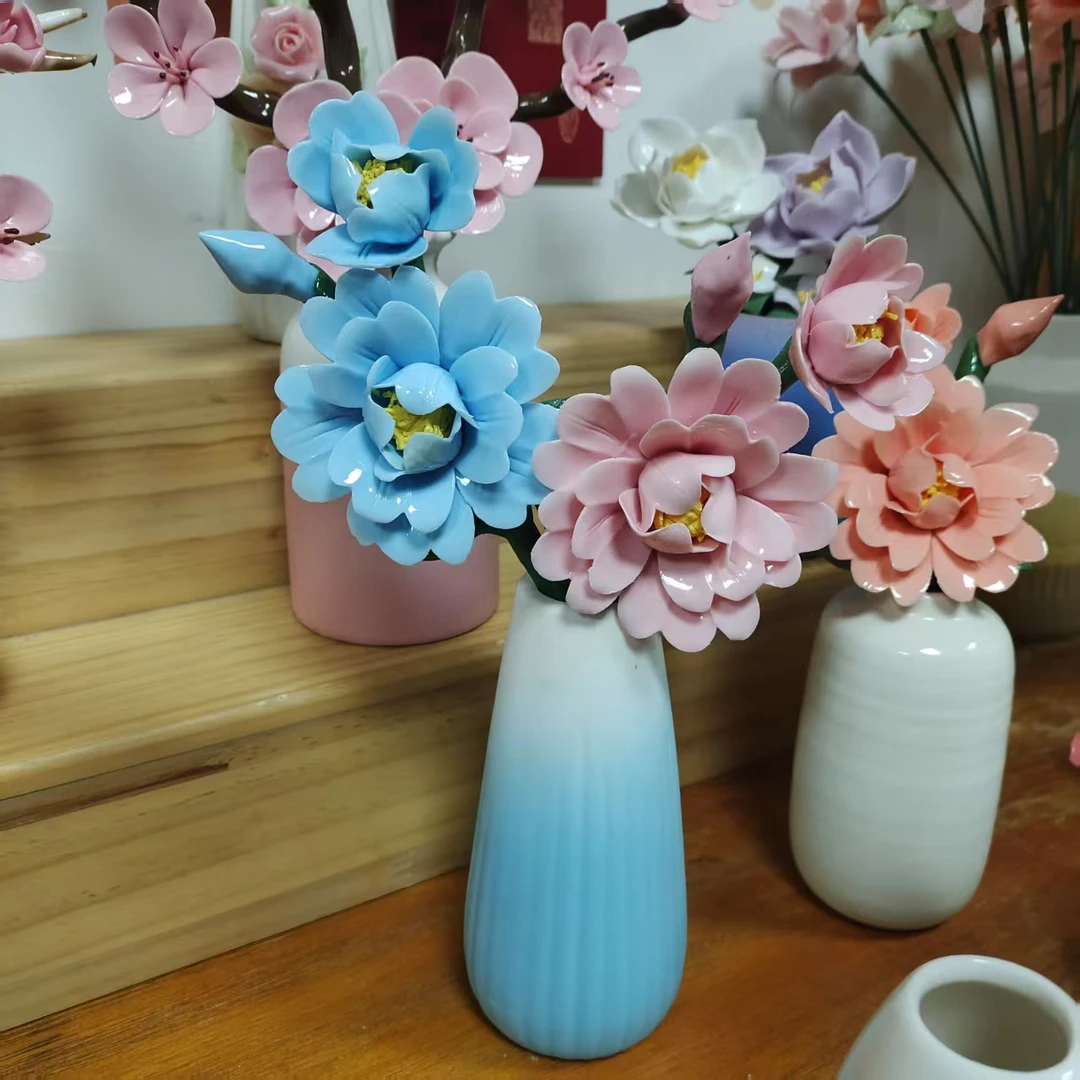 陶瓷手工山茶花枝家居摆件