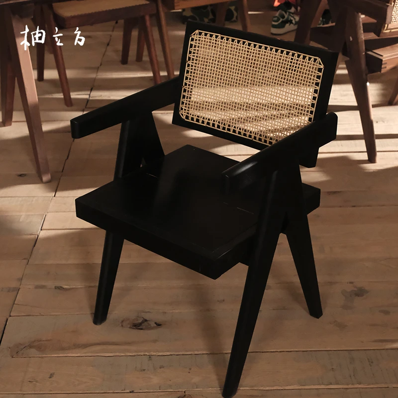 黑色北美红橡木昌迪加尔椅原木中古侘寂风餐椅椅子藤编家具龙德元