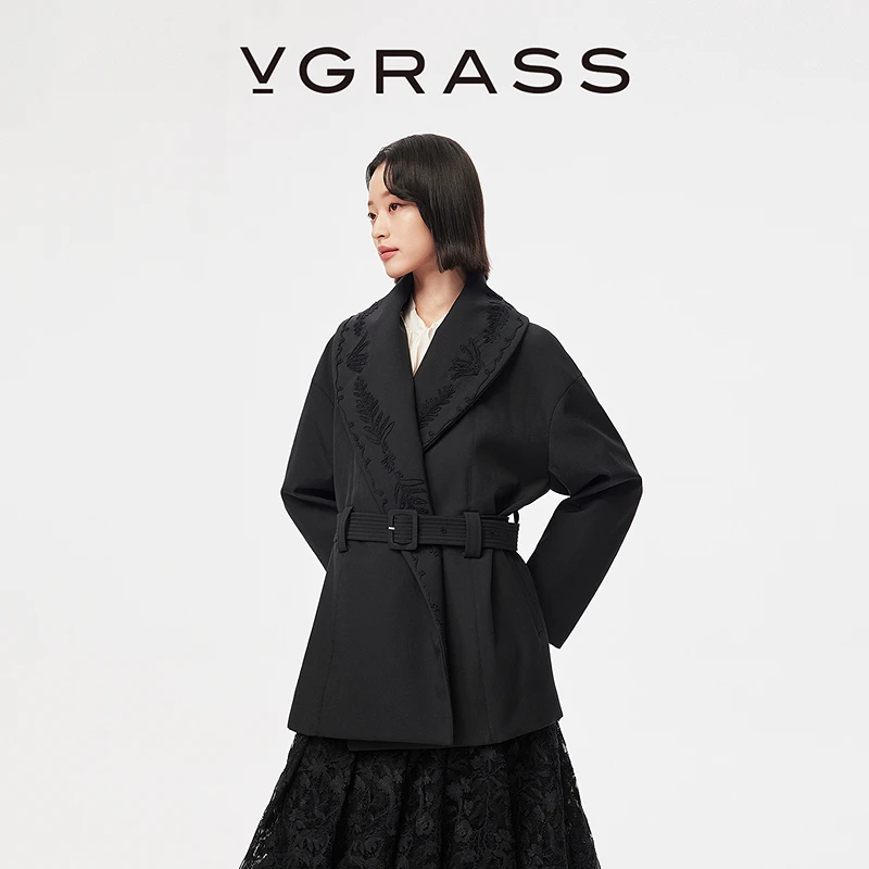【马上有戏】VGRASS26早春新款盘绳绣花翻领90白鹅绒短款羽绒服女