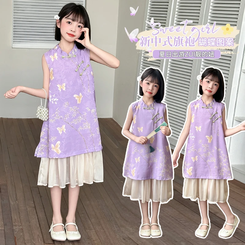 女童夏季古风新中式碎花旗袍连衣裙2025新款中大童时髦洋气连衣裙