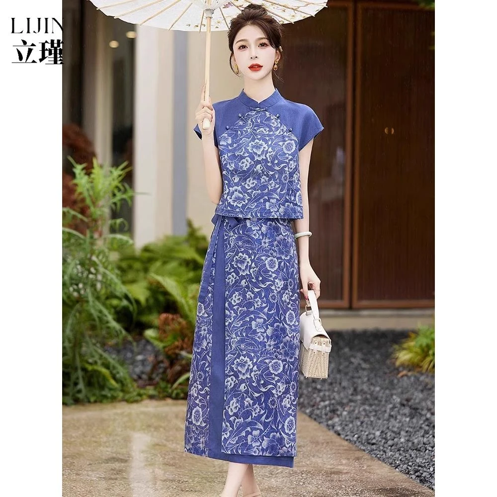 改良旗袍苎麻中式连衣裙女2025夏新款国风精致显瘦碎花包臀裙套装