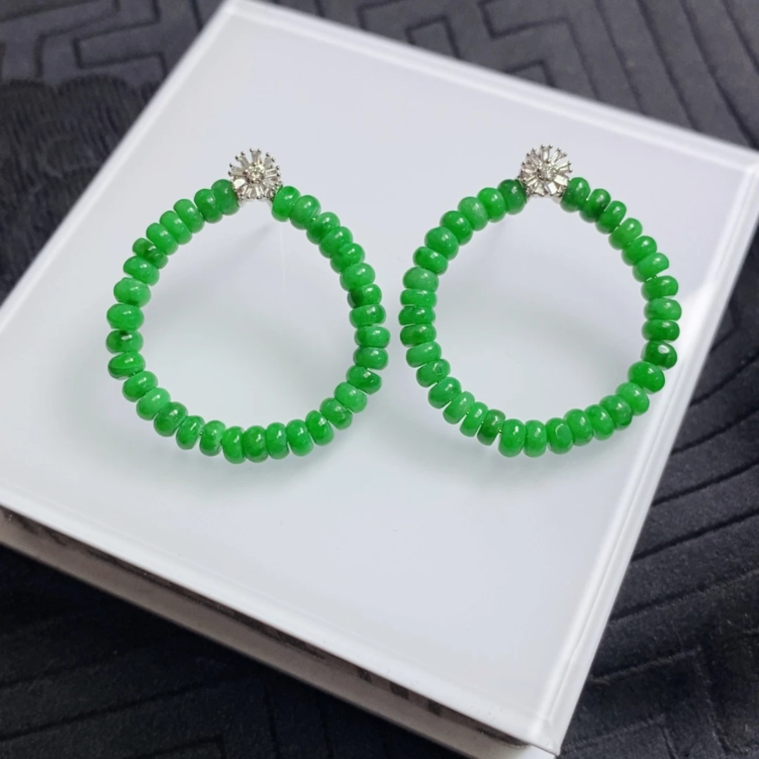 翡翠18K金镶嵌耳饰算盘珠珠耳钉