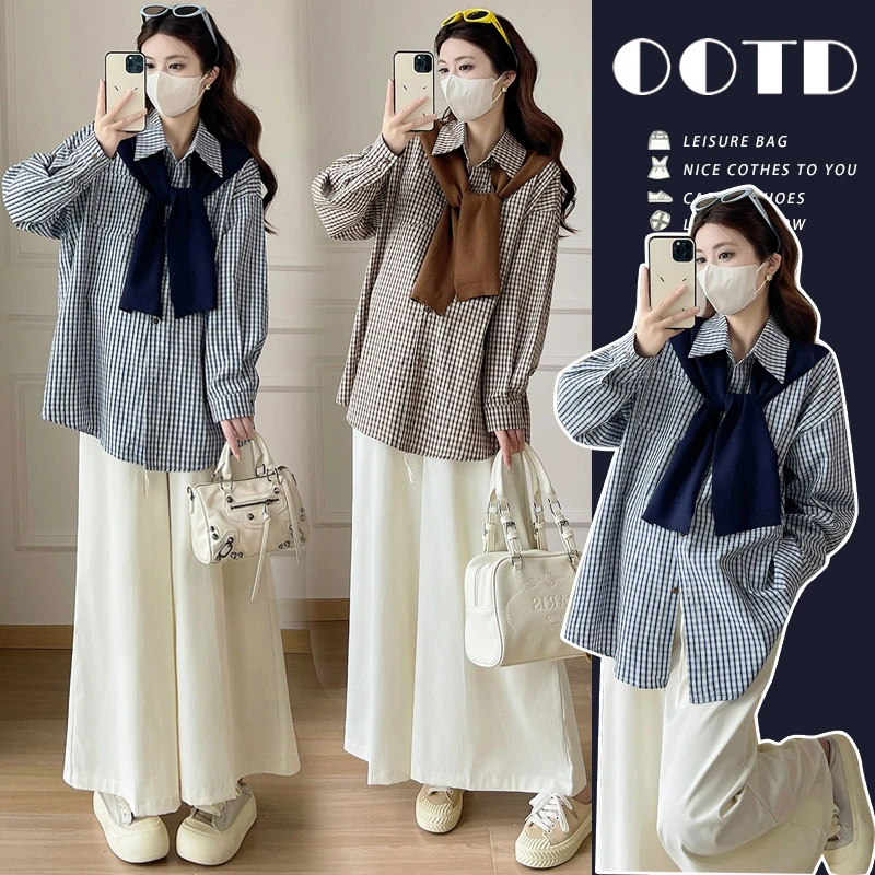 2025孕妇装早秋新款披肩格子衬衫上衣时尚气质孕妇套套外穿显瘦