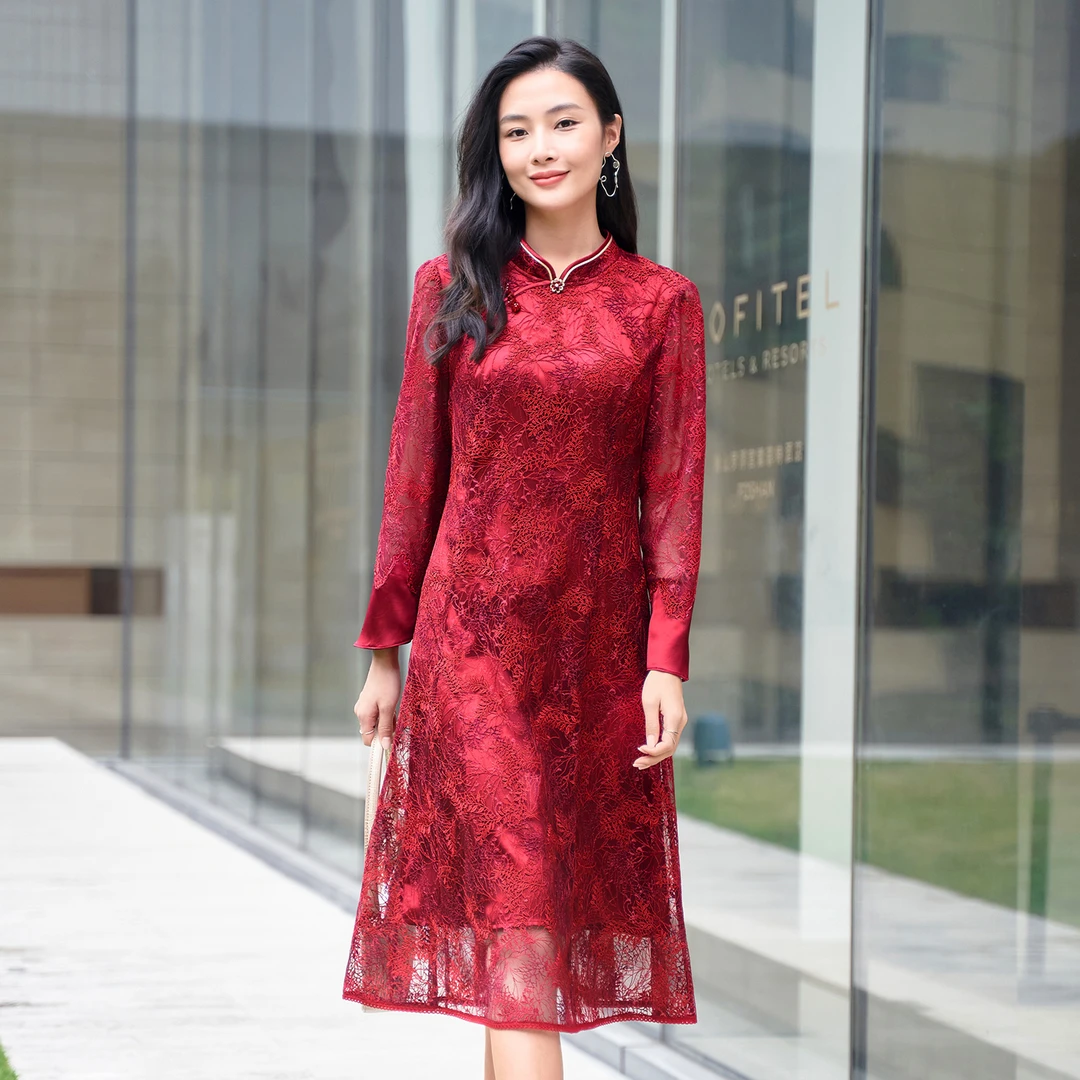 歌蒂诗秋季专柜新款经典红色改良版蕾丝旗袍连衣裙1C34L1755