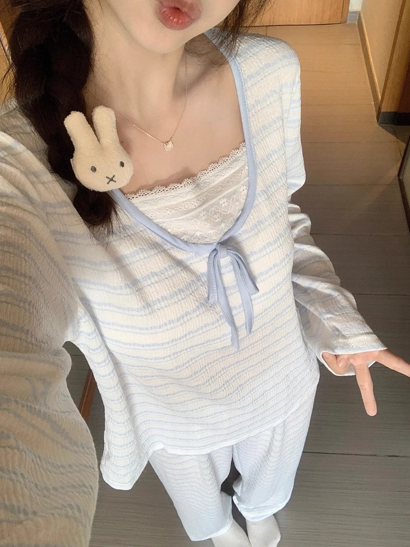 春秋季长袖长裤睡衣女甜美花边两件套装家居服薄款秋冬