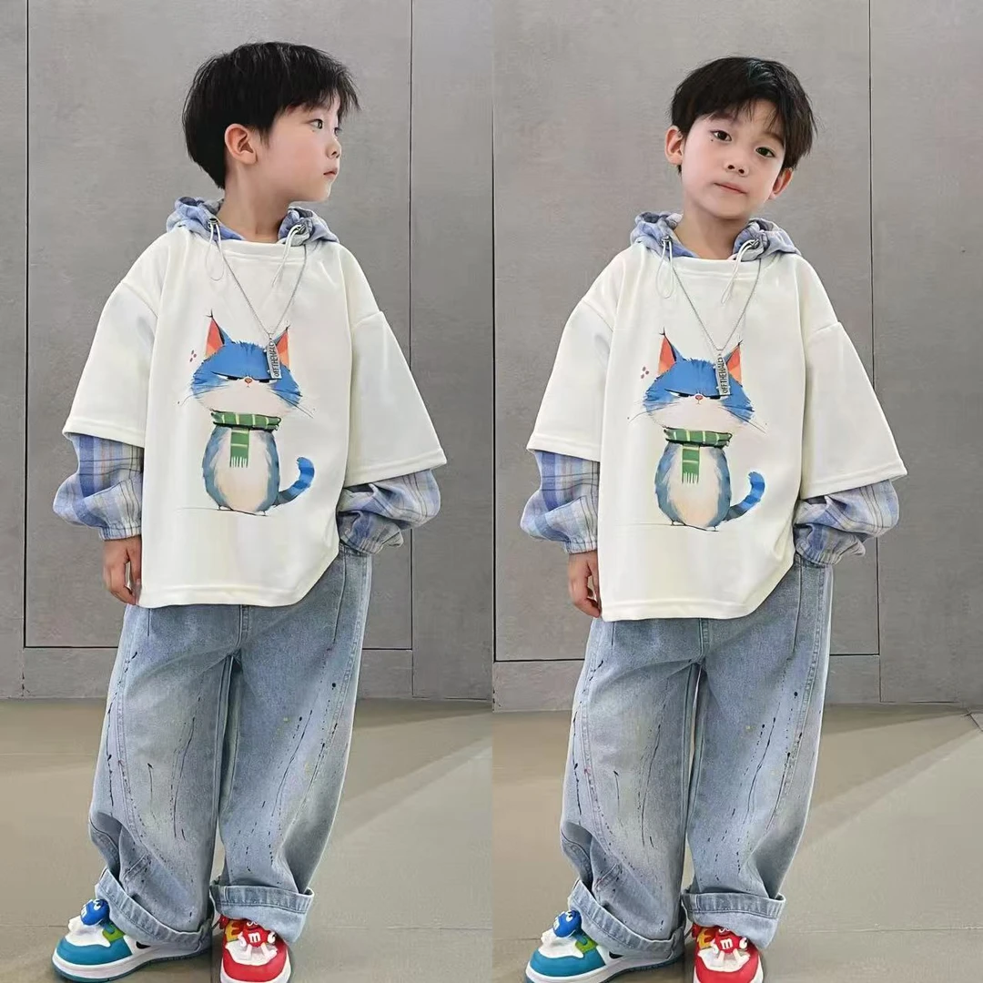 秋季男女童时尚卡通猫咪假两件卫衣套装100-150