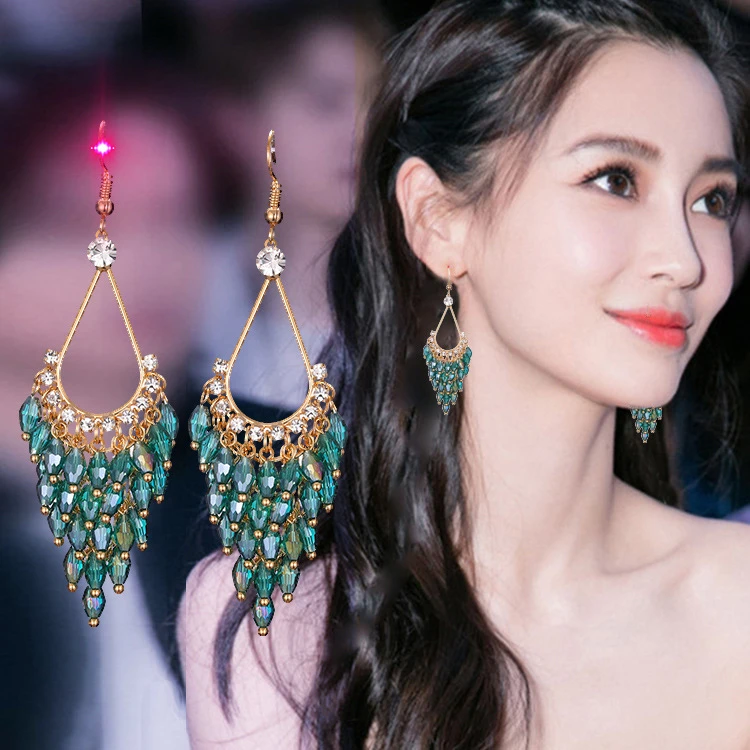 钛钢琉璃耳饰 波西米亚镶钻玻璃水滴流苏耳钩欧美气质高级感耳环