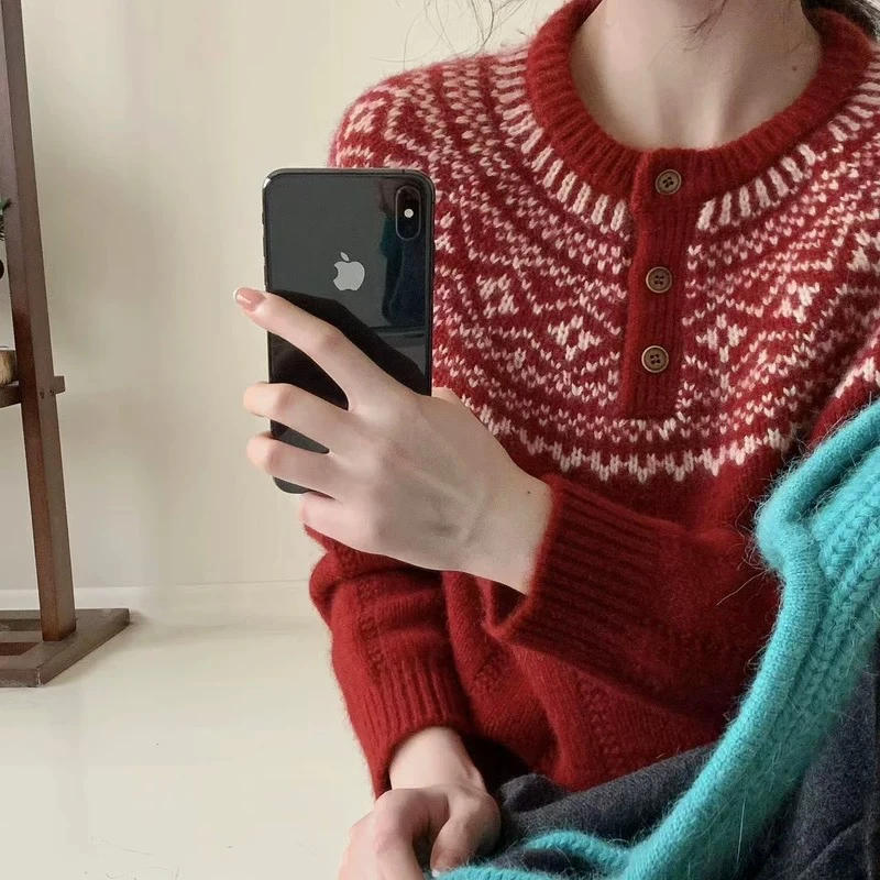 原木扣加厚费尔岛复古宽松套头针织衫毛衣女减龄学院风