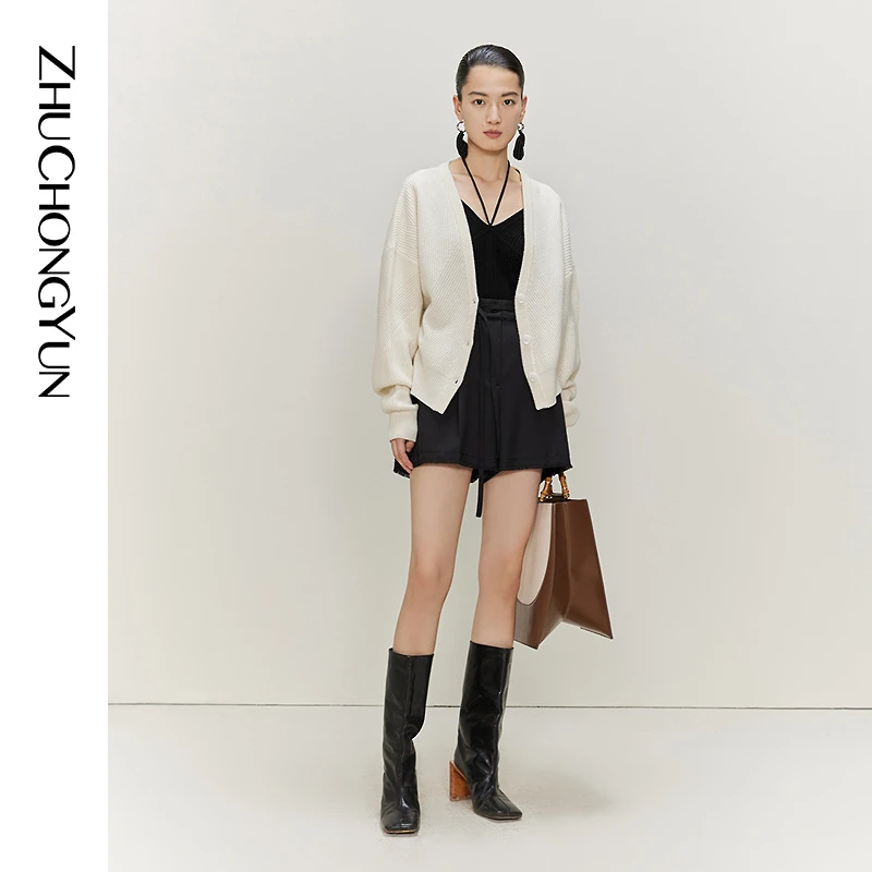 ZHUCHONGYUN简约宽松针织开衫女士小香风气质白色长袖C1CX1722M