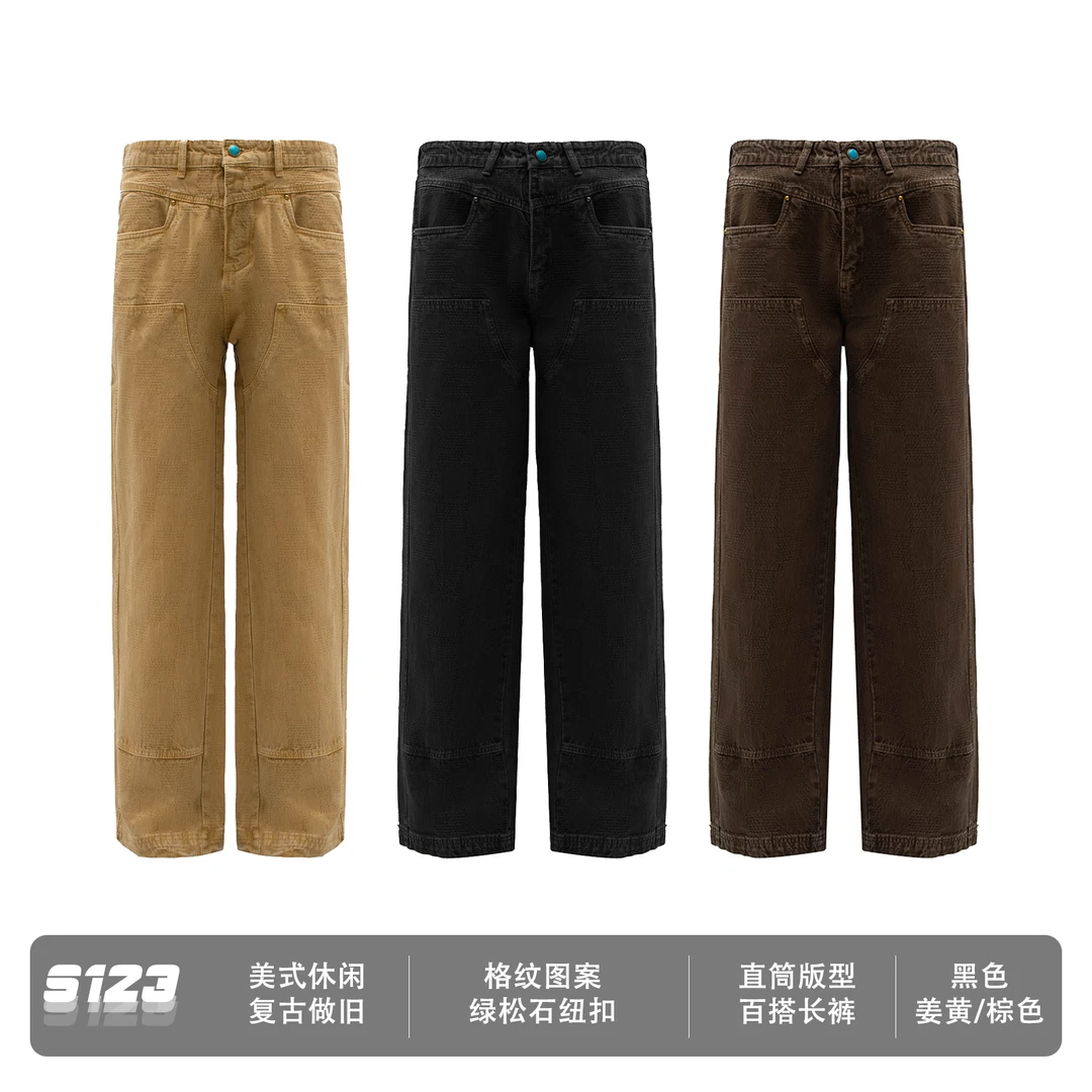秋冬25SS新品 绿松石复古做旧格纹图案伐木裤男宽松直筒长裤4079
