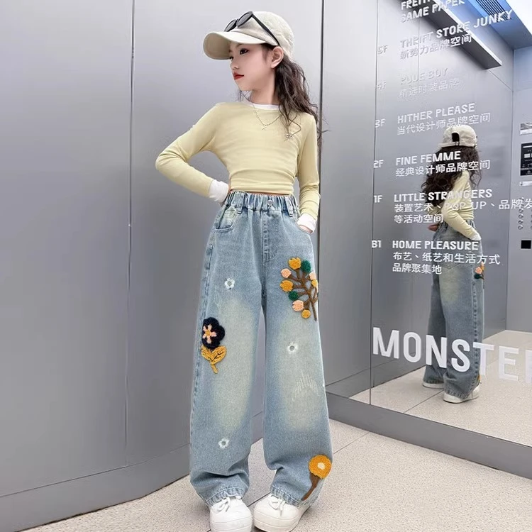 女童牛仔裤春秋2025新款中大童洋气宽松阔腿裤女孩春装直筒长裤潮