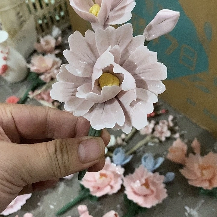 瓷片纯手工陶瓷花摆件瑕
