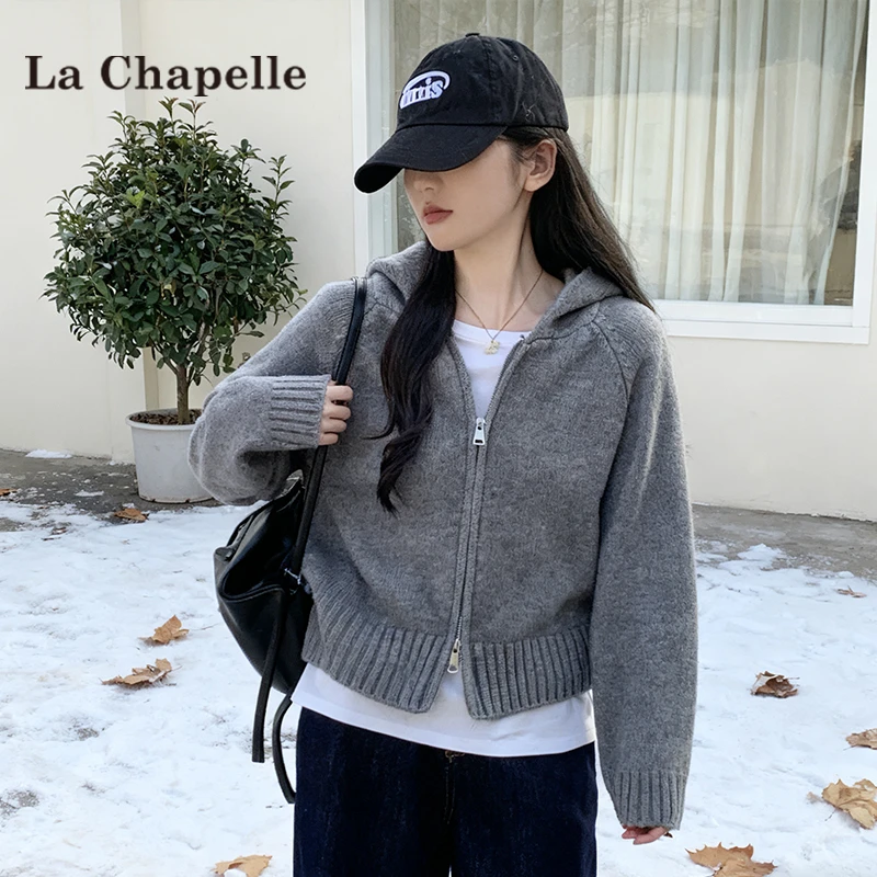 拉夏贝尔灰色双拉链连帽针织衫女秋冬季韩版百搭宽松显瘦开衫上衣