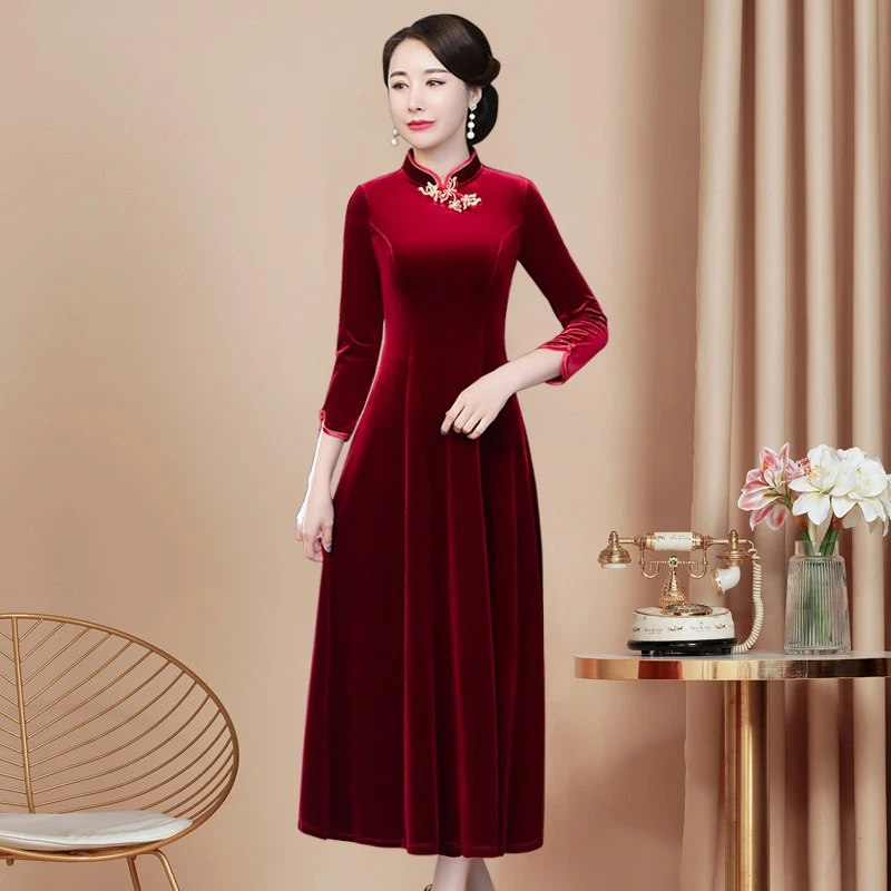 高端金丝绒喜婆婆婚宴装改良连衣裙春秋年轻旗袍婚礼妈妈礼服高贵