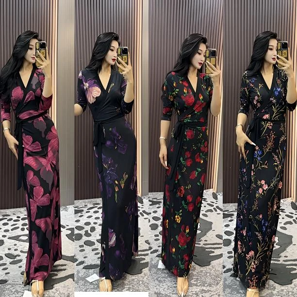 师小姐精品女装~性感复古V领气质显瘦收腰印花裹身连衣裙8860