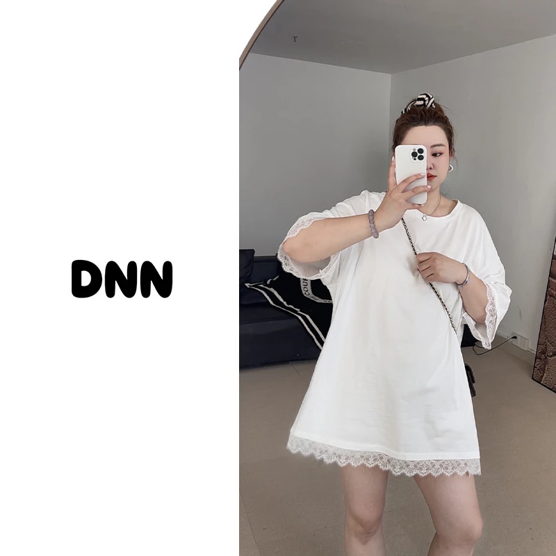 现货【大妮妮】大码 丹麦夏日 显瘦重磅蕾丝花边中长款短袖001