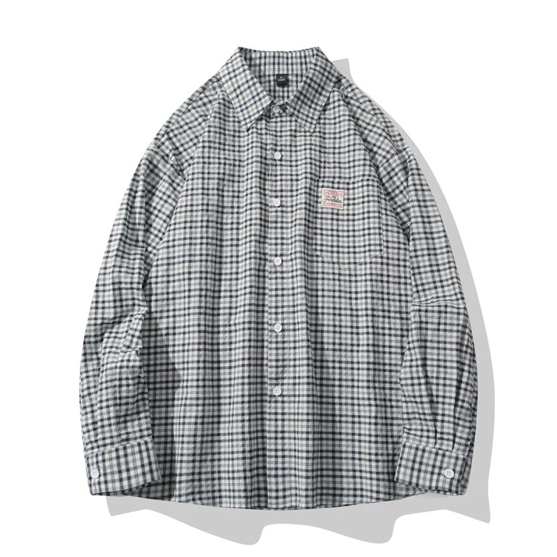 港风复古潮流格子衬衫男春秋宽松休闲百搭格纹长袖衬衣设计感外套
