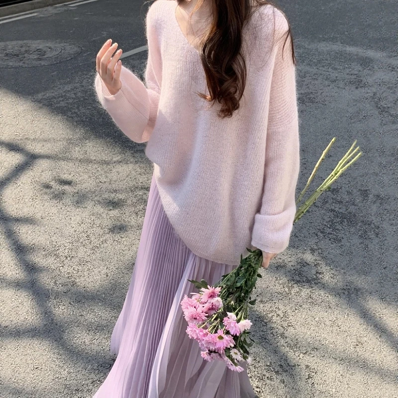 紫色马海毛春夏v领露锁骨针织衫毛衫超软糯绝美慵懒温柔宽松上衣