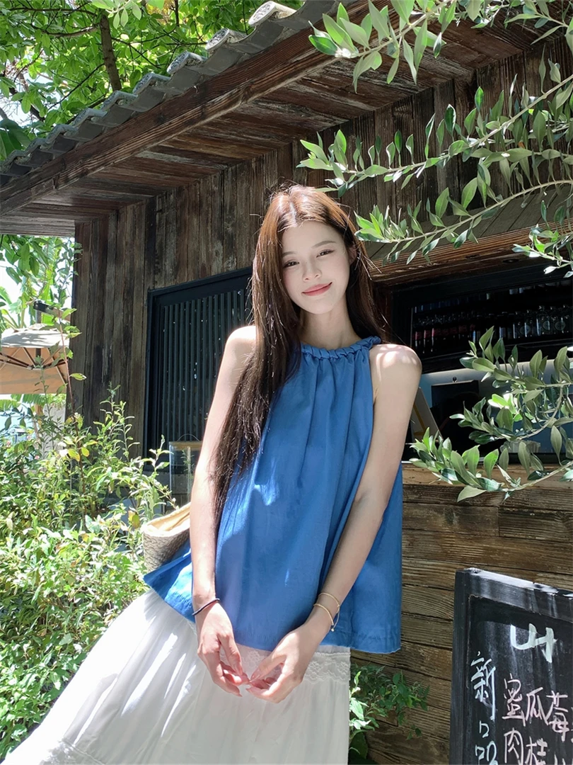 夏季新甜美宽松娃娃衫慵懒度假无袖挂脖上衣+白色花边蛋糕半身裙