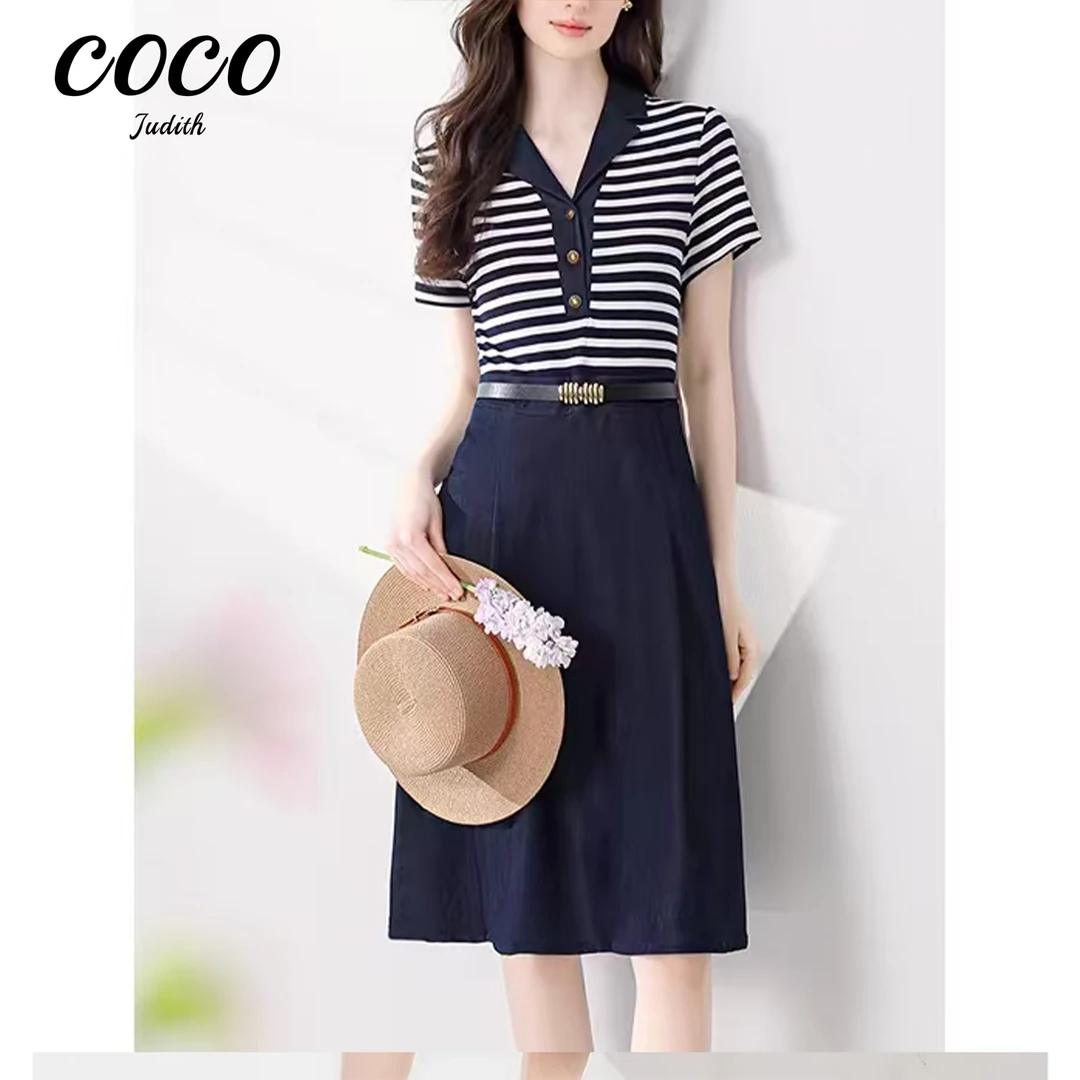 【RG6905】2025新款夏季时尚条纹POLO通勤百搭显瘦减龄赫本风连衣裙