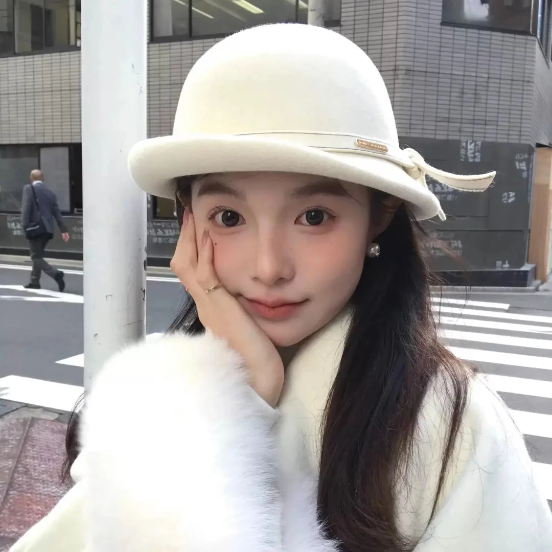 秋冬新款千金盆帽100%纯羊毛蝴蝶结日系复古百搭优雅定型小礼帽