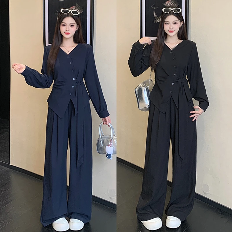 大码胖mm秋装新款女休闲气质V领绑带衬衫上衣阔腿裤两件套装女