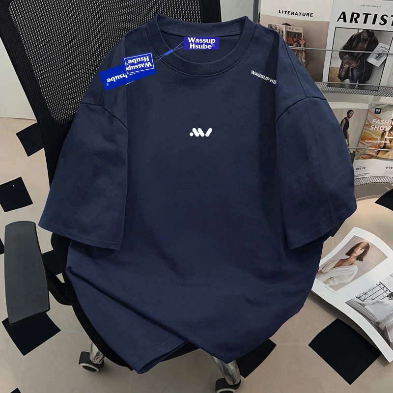 WASSUP HSUBE纯棉新款美式重磅藏青色短袖T恤男宽松半袖休闲上衣