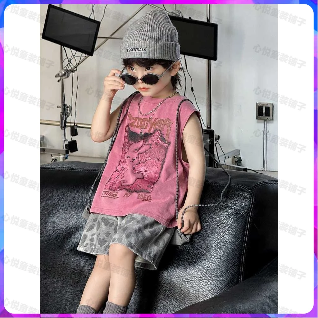 儿童男童印花背心夏季潮酷豹纹牛仔短裤2025新款潮流韩版无袖套装