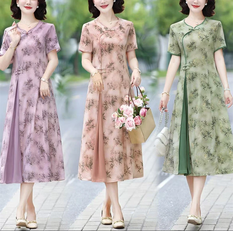 夏季新款中年改良旗袍裙连衣裙长裙显瘦中国风连衣裙